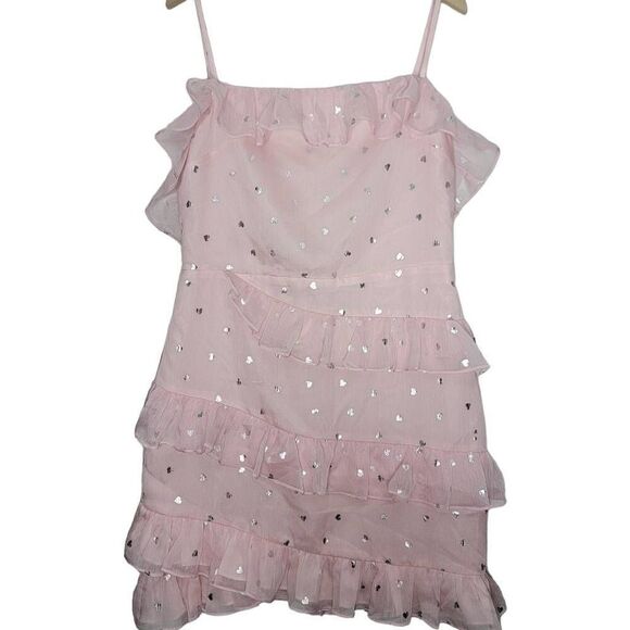 Lovers + Friends Pink Ruffle Dress Size Medium Silver Hearts - Picture 3 of 7